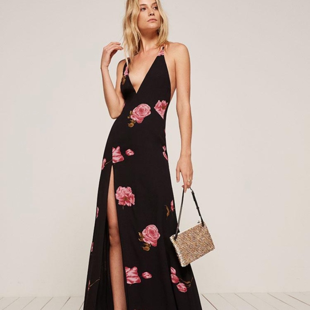 Reformation Rene Black and Pink Floral Maxi Dress